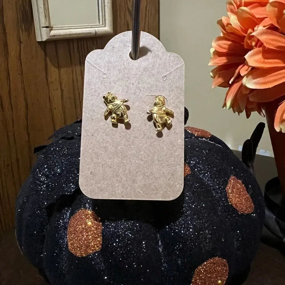 Walt DISNEY Winnie the POOH BEAR Gold Tone DANGLE Earrings